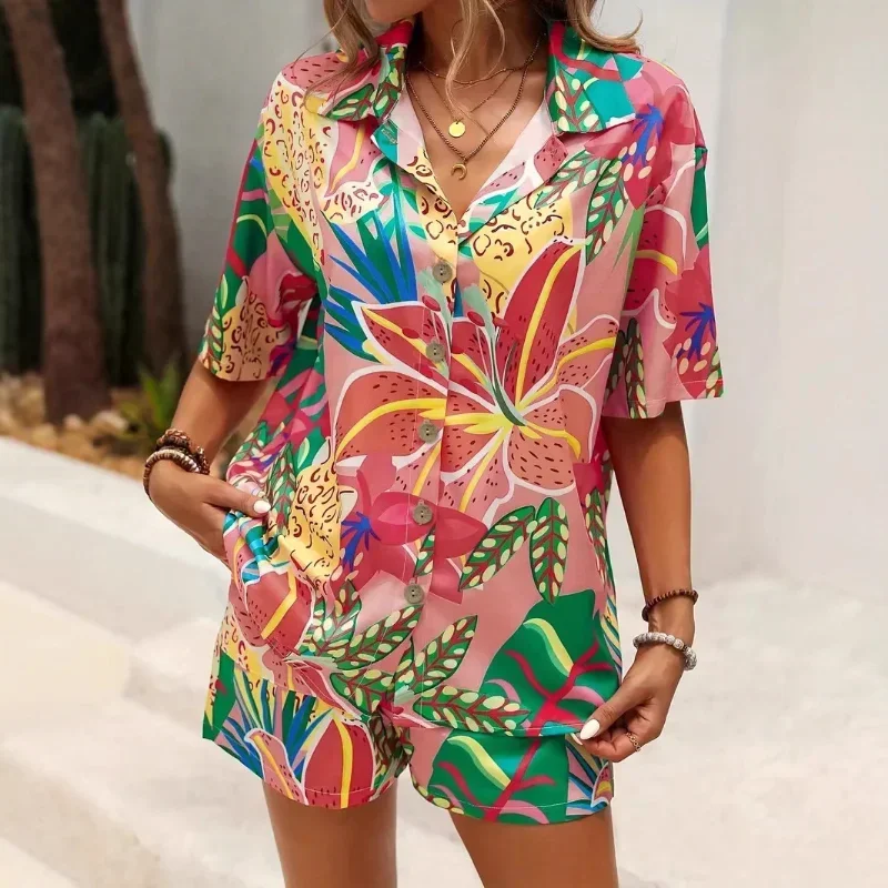 

European And American New Hawaiian Style Short-sleeved Shirt And Shorts Set