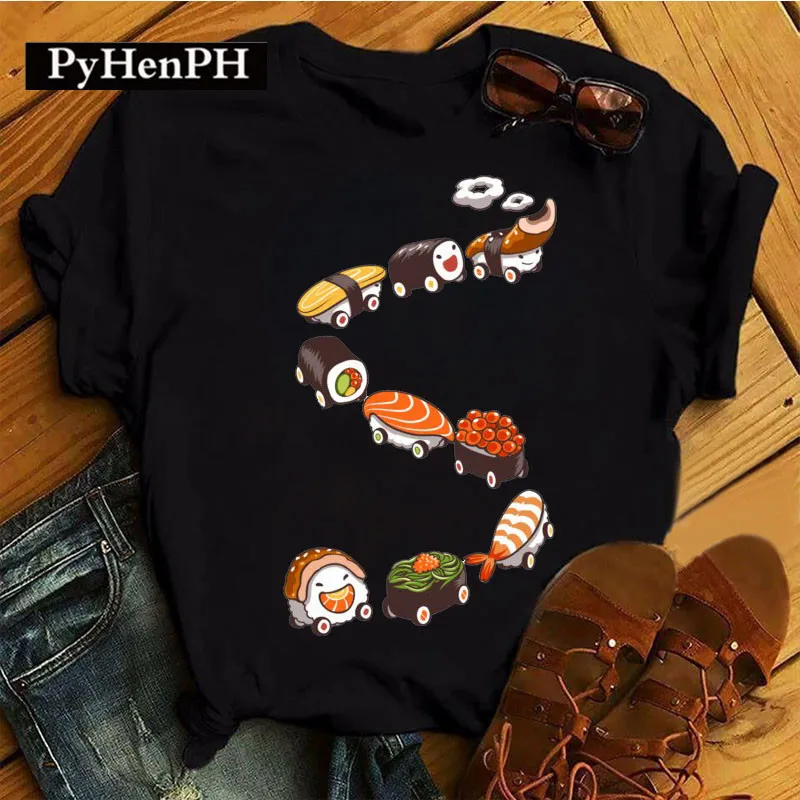 

Cartoon Sushi Graphic Printing Summer Luxury Brand Cotton Men's and Women's T-Shirts Short Sleeves Street Fashion Trend Clothing