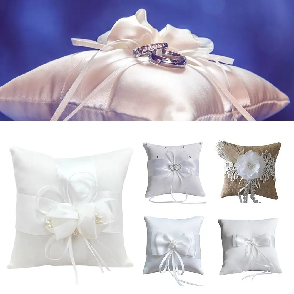

15*15cm 20*20cm Ring Bearer Pillow Romantic White Silk Jute Ribbon Bowknot Ring Pillow Wedding Supplies Bridal