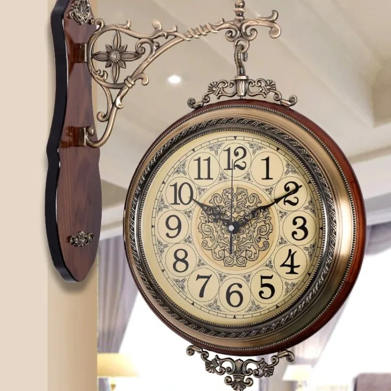 

‌ Двусторонние настенные часы, бесшумный кварц из цельного дерева, винтажные американские деревенские негабаритные часы для креативного декора гостиной в фермерском доме