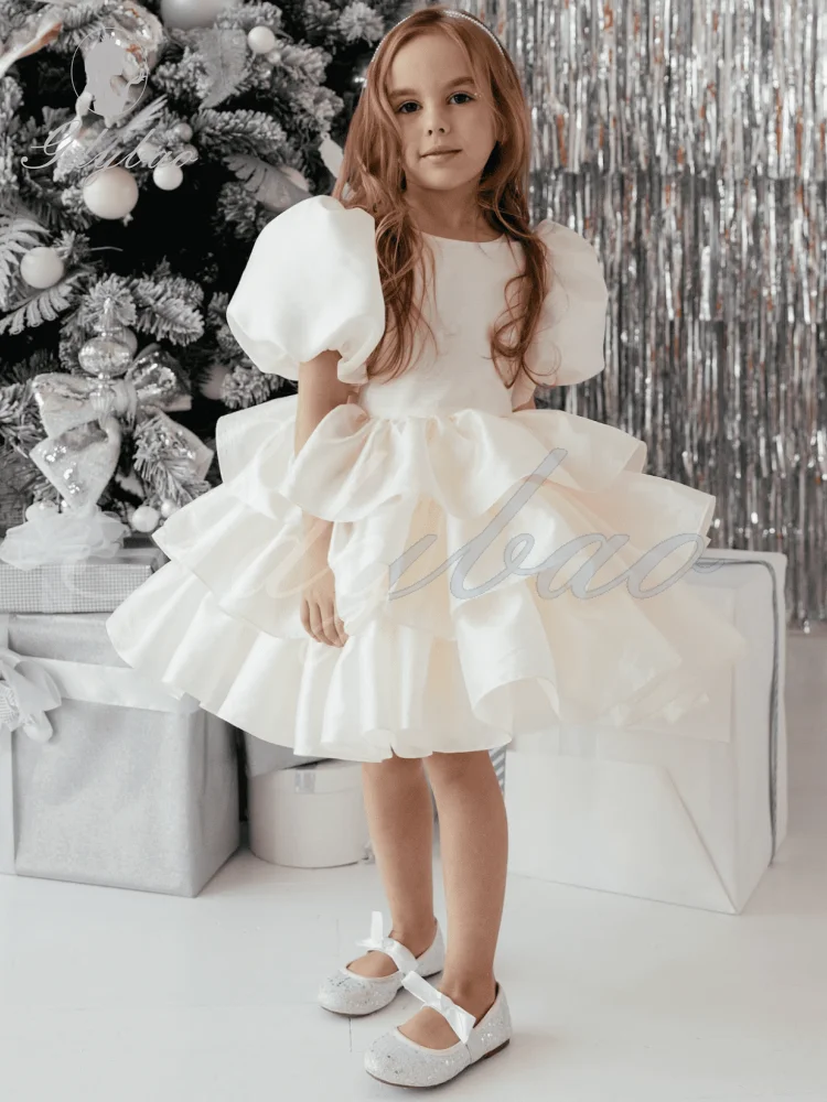 ชุดเดรสดอกไม้ Beige Solid ฉัตรโบว์แขนสั้นสําหรับงานแต่งงานวันเกิด Holy Communion Gowns