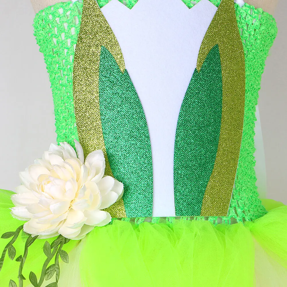 3 Layers Frog Princess Tiana Costumes for Girls Lotus Flower Fairy Tutu Dress with Wings Kids Christmas Halloween Fancy Outfits