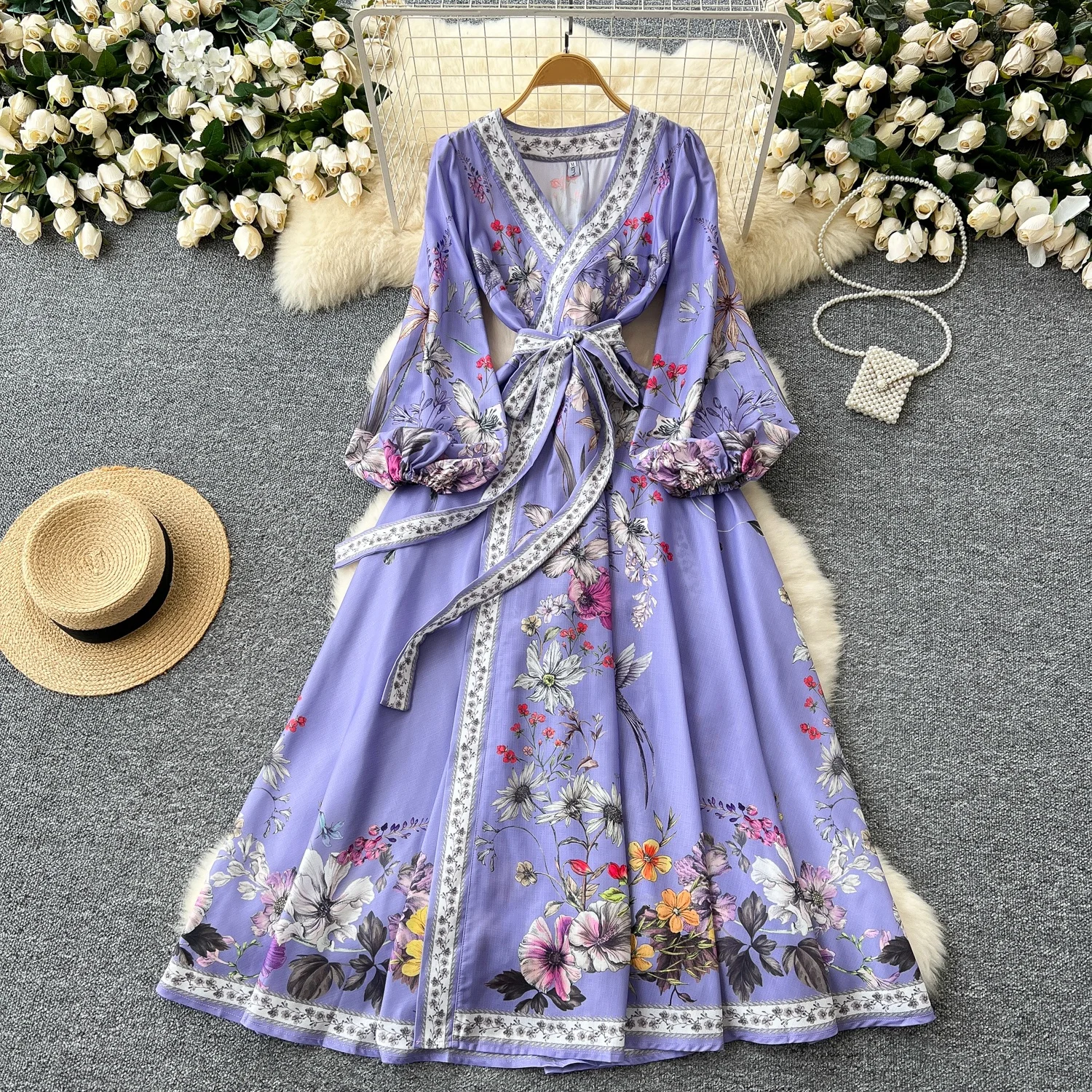 

Clothland Women Elegant Floral Wrap Dress Cross V Neck Long Sleeve Sashes One Piece Lilac White Midi Dresses Vestido QD829