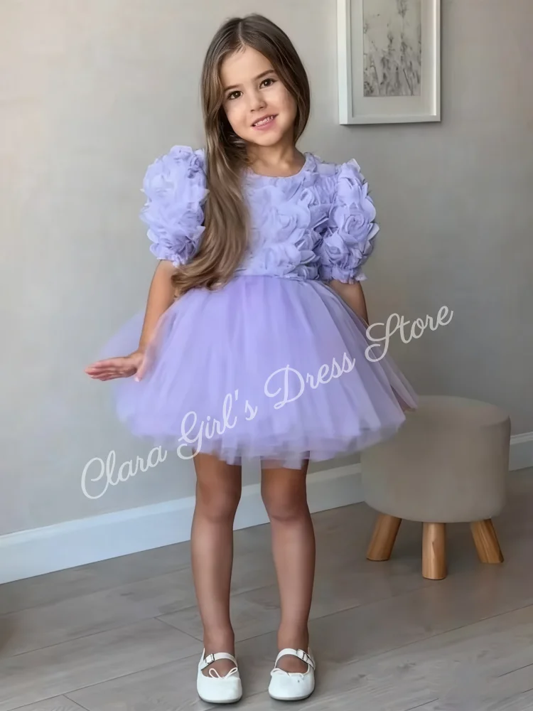 A-line Skirt Knee-Length Puffy Tulle Girls' Dress Children’s Wedding Party Dress Floral Girls' Evening Gown Customizable