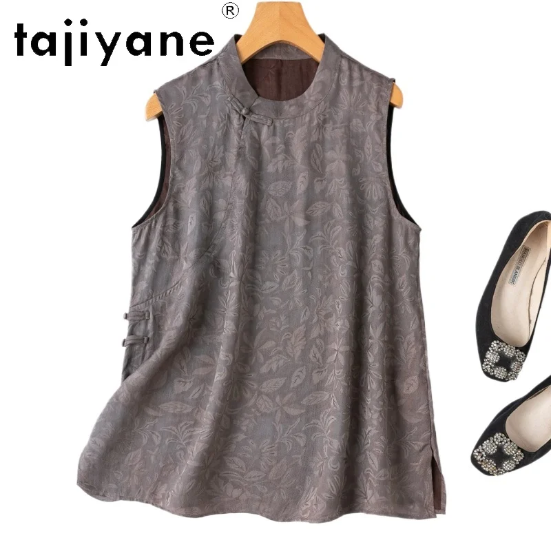 TAJIYANE 100% Mulberry Silk Women's Tanks Red Cloud Sha Leaf Pattern Vest Khaki Sleeveless Summer Tops for Woman Clothes 2026 나시