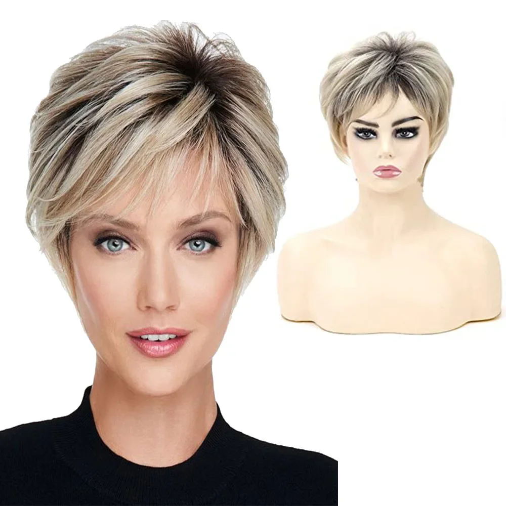 

WHIMSICAL W Short Straight Ombre Blonde Wig with Bang for Women Synthetic Natural Hair Wig Dark Roots Heat Resistant Wigs