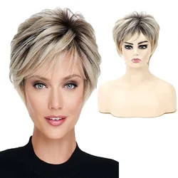 WHIMSICAL-Peluca de cabello Natural sintético con flequillo para mujer, pelo corto y liso con raíces oscuras, color rubio degradado, resistente al calor
