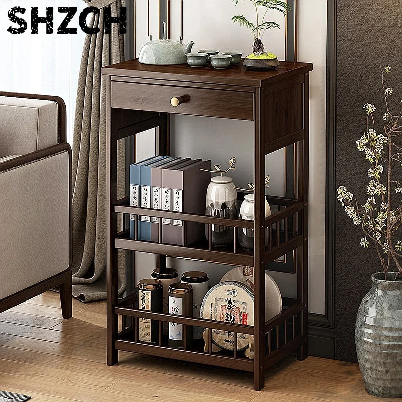 Movable Side Table Tea Cart with Drawer Rolling Serving Tray Portable Corner Cabinet