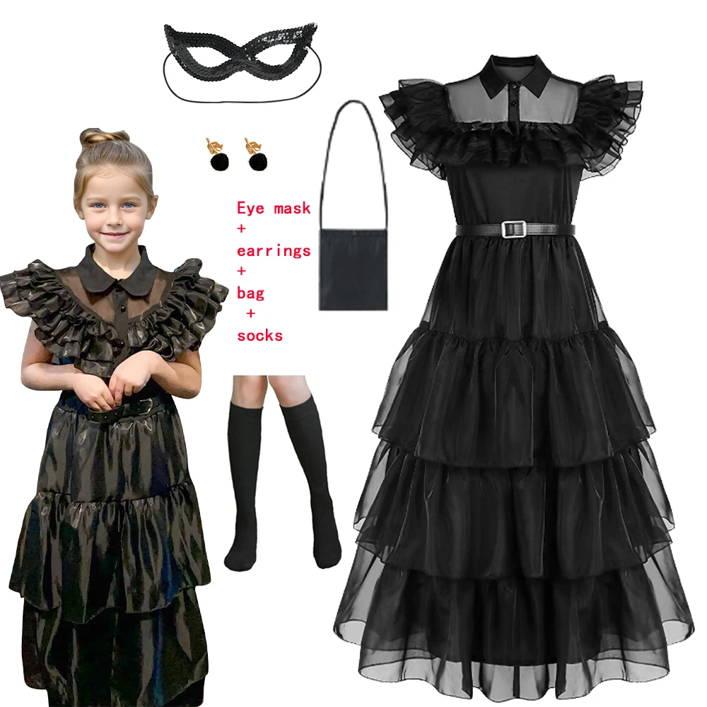 

Wednesday Black Girls Costume Cosplay Party Dress with Eyemask earrings Socks Bag Belts Sets For Kids Birthday Carnival DressUp