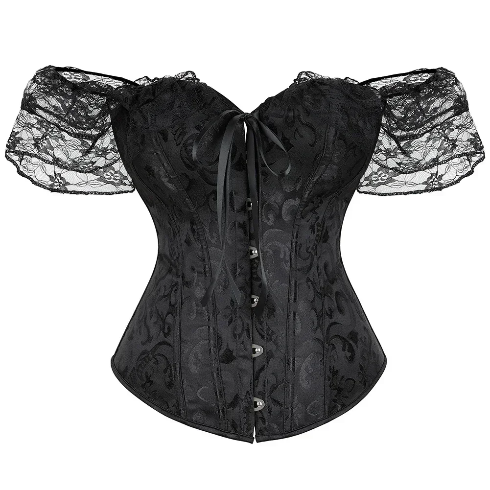 Women Bustier Top Gothic Victorian Overbust Corset Vintage Basques Off Shoulder Lace Short Sleeves Corselet