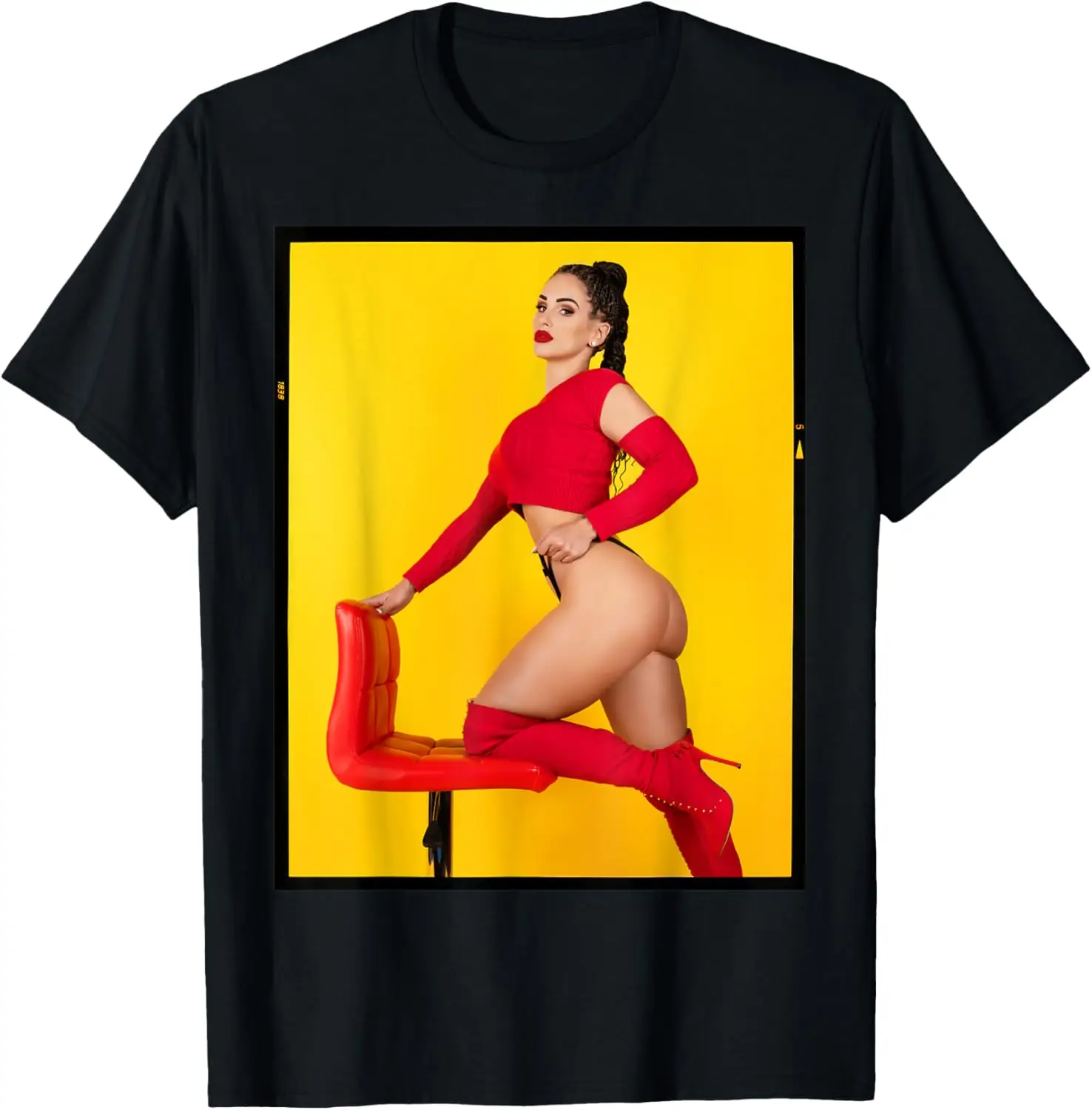 T-Shirt with Girl On It - Modern Pinup Girl in Red on Yellow T-Shirt