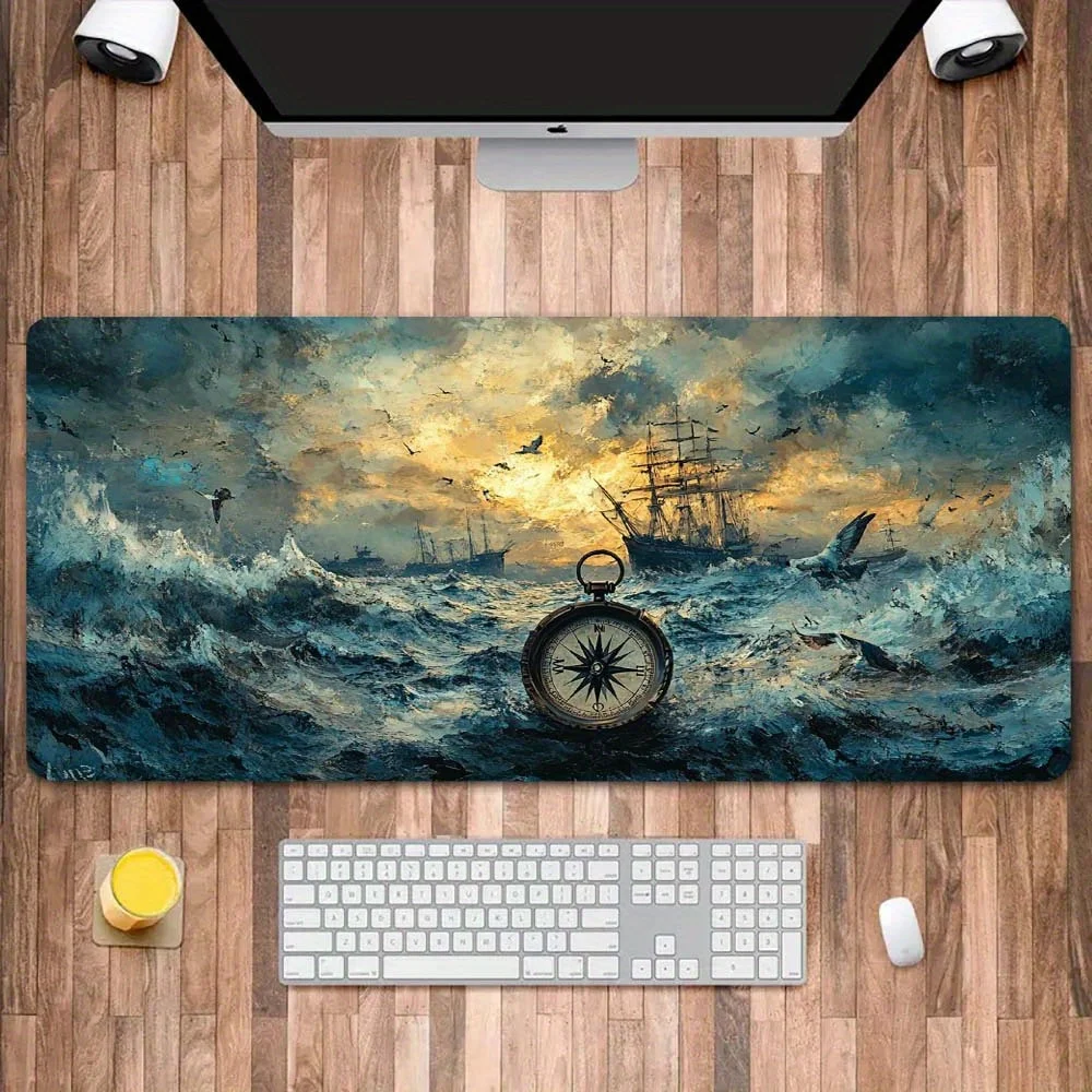 Oil Painting Style Sailing Era Sailboat and Compass Pattern Gaming Mouse Pad for Laptop Desktop Stitched Keyboard Desk Mat