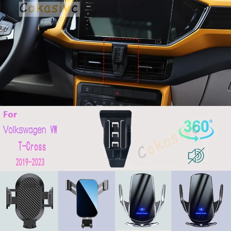 Car Phone Holder For Volkswagen VW T-Cross 2019 2020-2023 Mobile Phone Support Car Mounts Wireless Charging Car Accessories