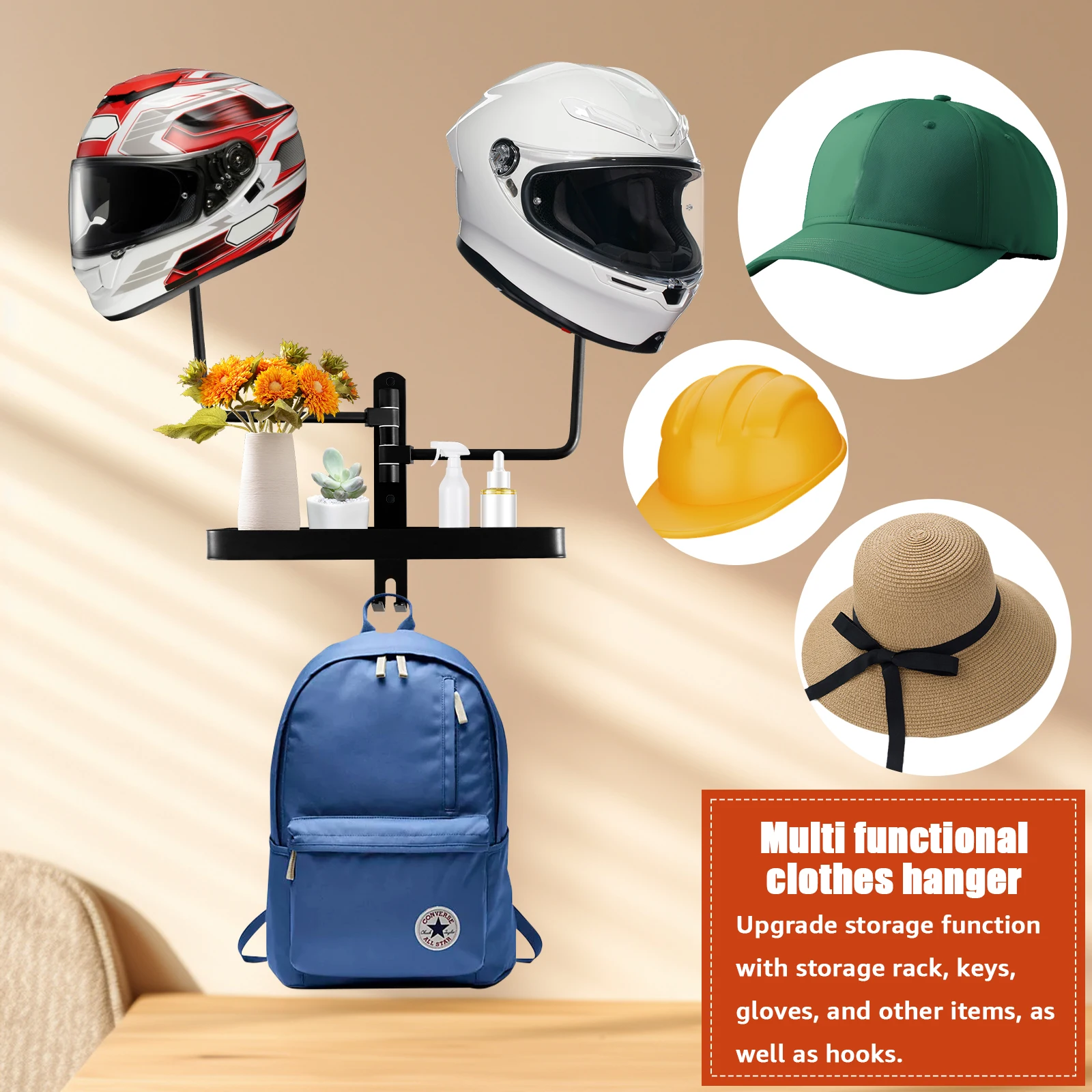 Deuson Support Mural Casque Moto Rotatif 180° Double Crochet Métal – Rangement Casque + Accessoires – Noir Robuste