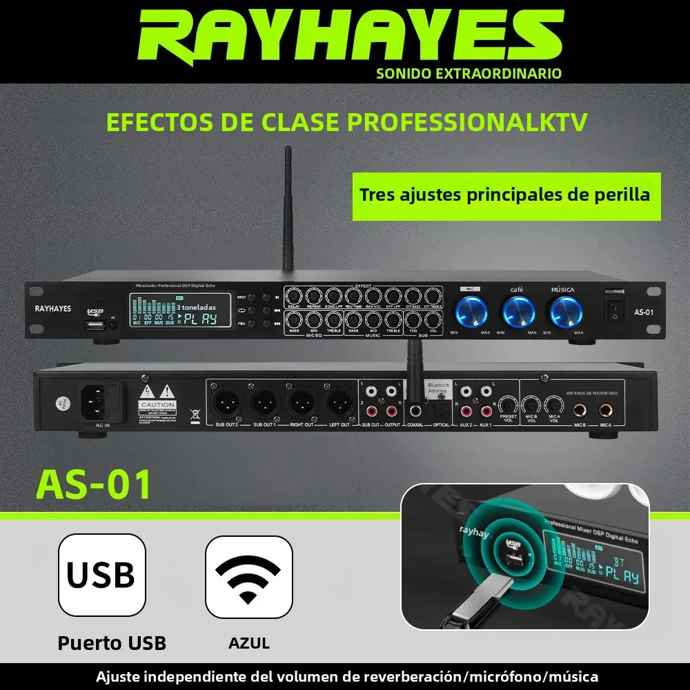 Procesador de Efectos Profesional RAYHAYES AS-01, Amplificador Digital, Ecualizador Profesional FBX, Retroalimentación con un Clic