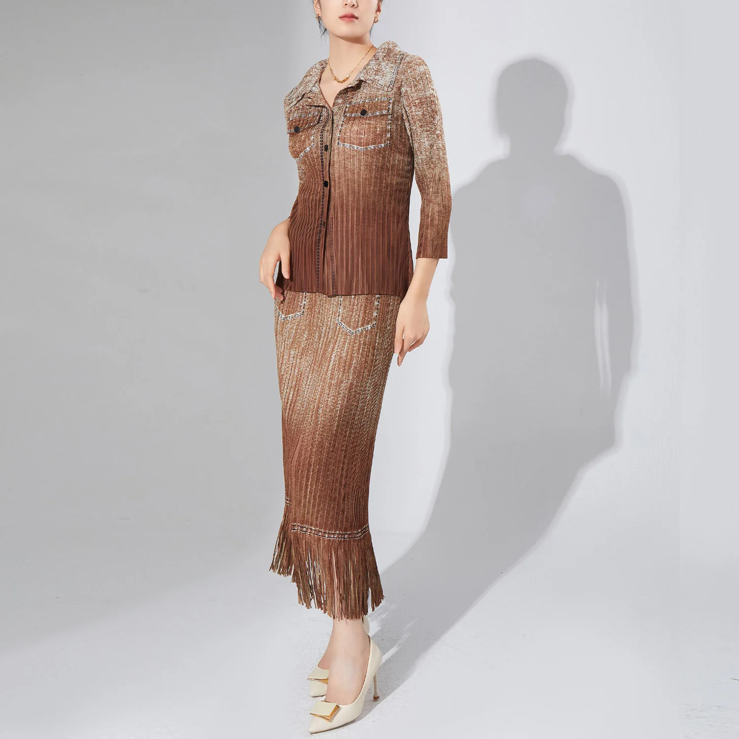 Miyake Pleated Set 2025 Women's Unique Fashion Fringed Ombre Shirt and Bodycon Skirt Two-Piece Set