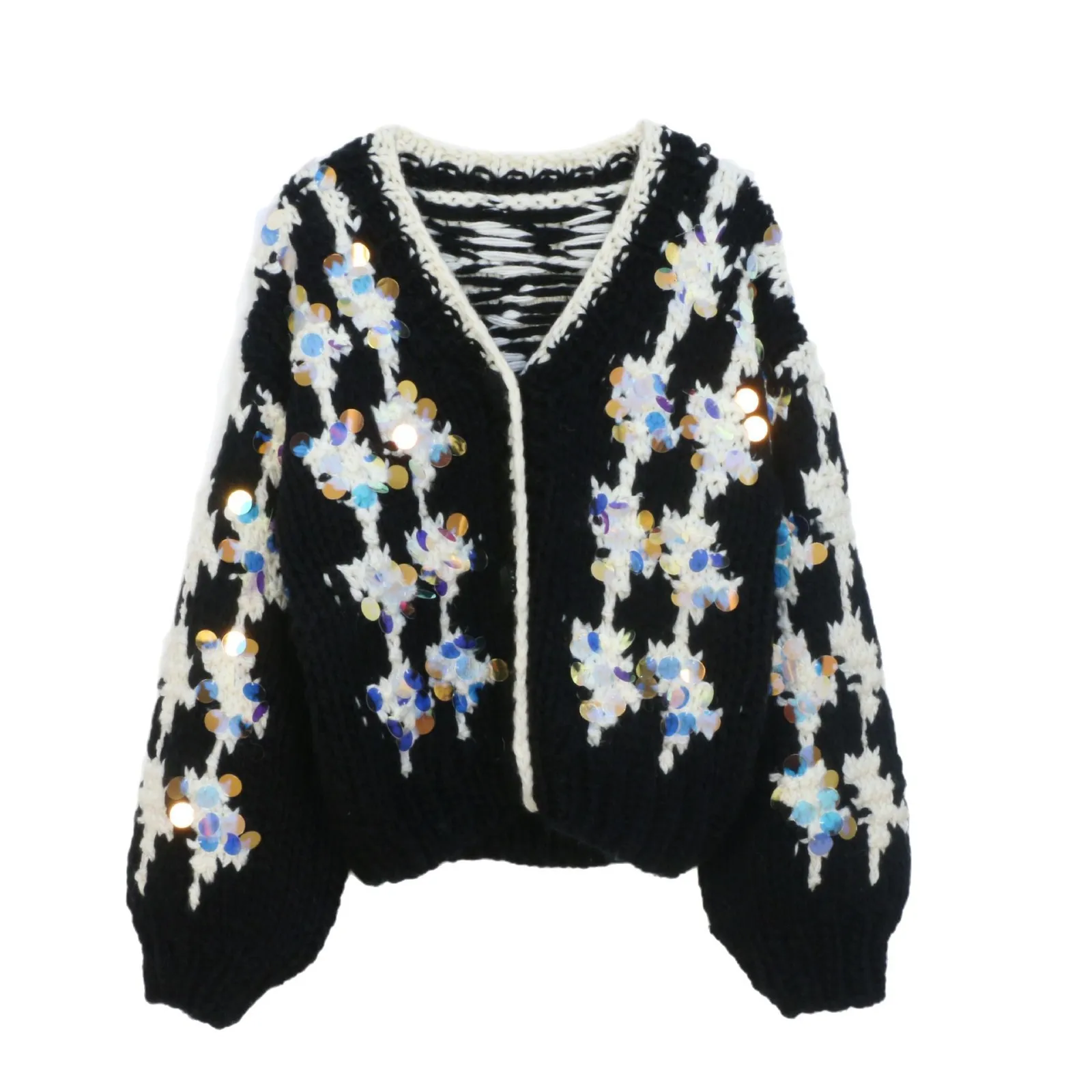

Black Knitted cardigan jacket women Retro 2025 autumn/winter casual loose lazy style thick basic Simple