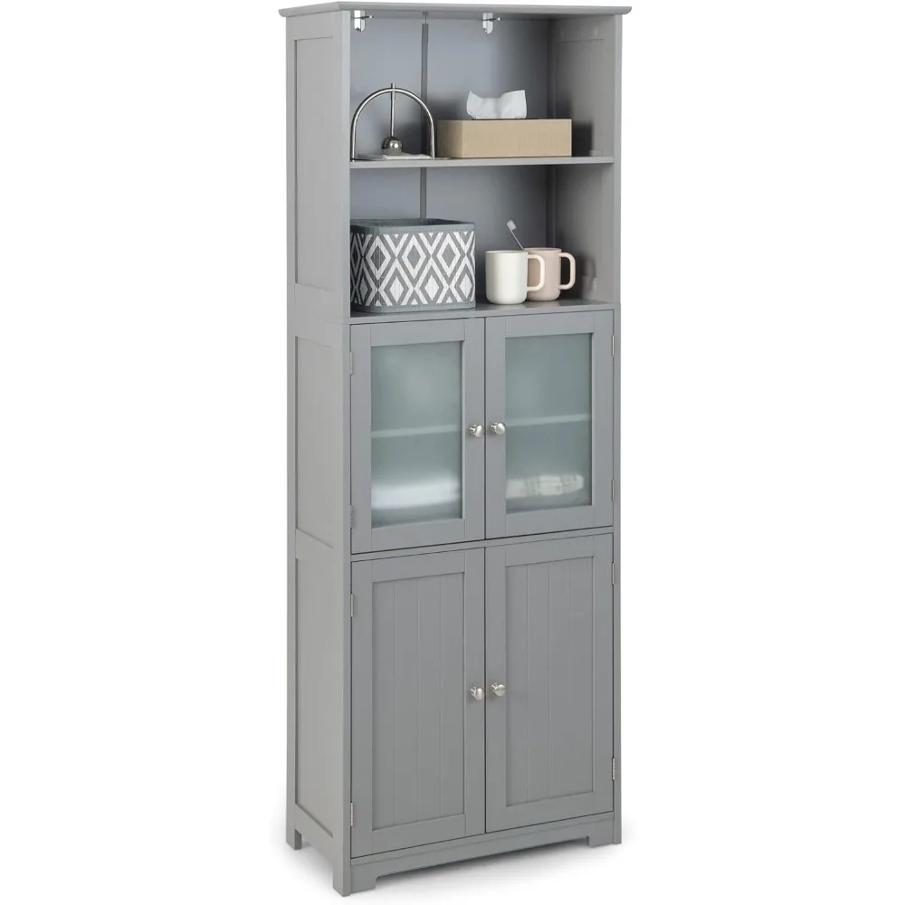 Tall Bathroom Storage Cabinet, Freestanding Floor Cabinet w/2 Glass Doors & 2 Open Shelves, 3-Position Adjustable Shelv