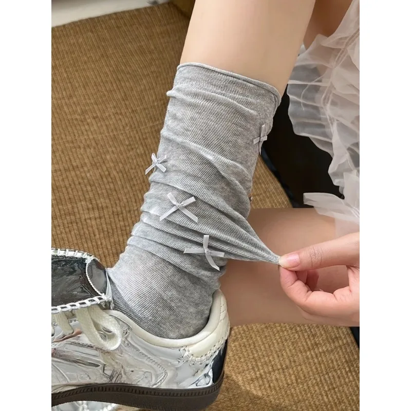 Breathable Cotton Socks Women Grey Balletcore Leg Warmers with Bow Thin Summer Slouchy Socks Perfect for Dresses & Casual Outfit