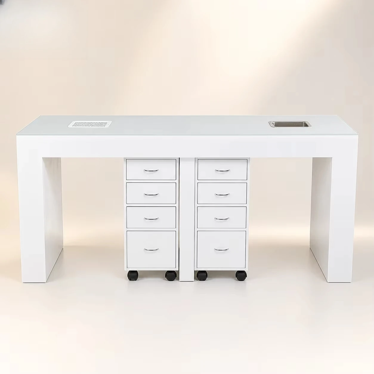 Double Nail Salon Manicure Table With Mobile Drawer Cabinets And Two Technician Workstations