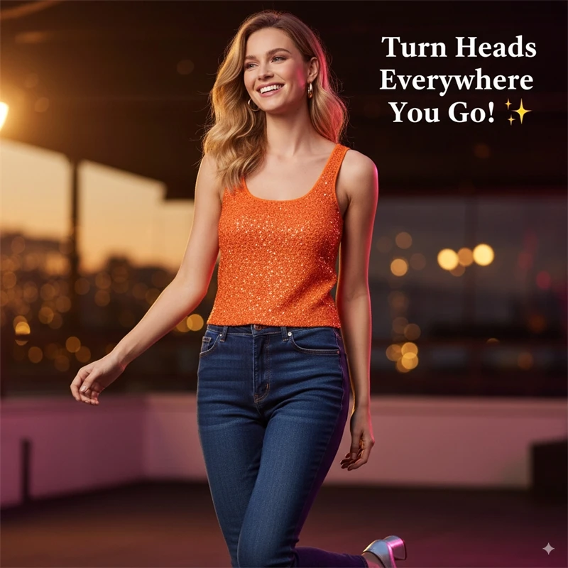 

Women’s Sexy Sequined Sling Blouse: Casual Summer Vest with O-Neck Knitting Smock Design