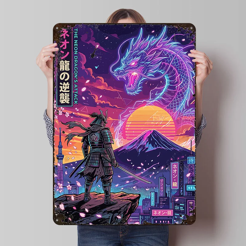 Samurai vs. Neon-Drache in Cyberpunk-Tokio Poster Individualisierte Vintage-Metallschilder Wandkunst Retro-Blechschild zur Dekoration Gaming