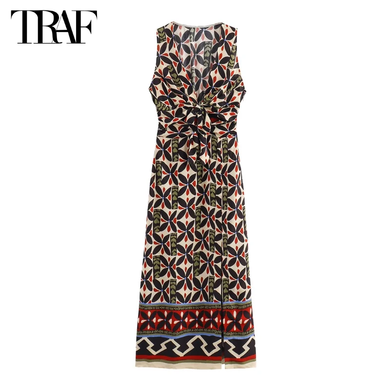 TRAF Print Pleated Long Dresses for Women Sleeveless Midi Dress Woman Bow Beach Summer Dress Women 2024 Boho Tank Female Dress