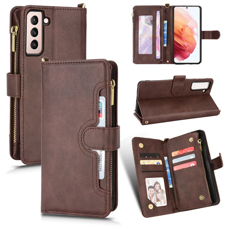 For Samsung Galaxy S21 5G SM-G991 Leather Wallet Magnetic Zipper Wallet with Lanyard Phone Retro Wallet for Galaxy S21+ S21ultra