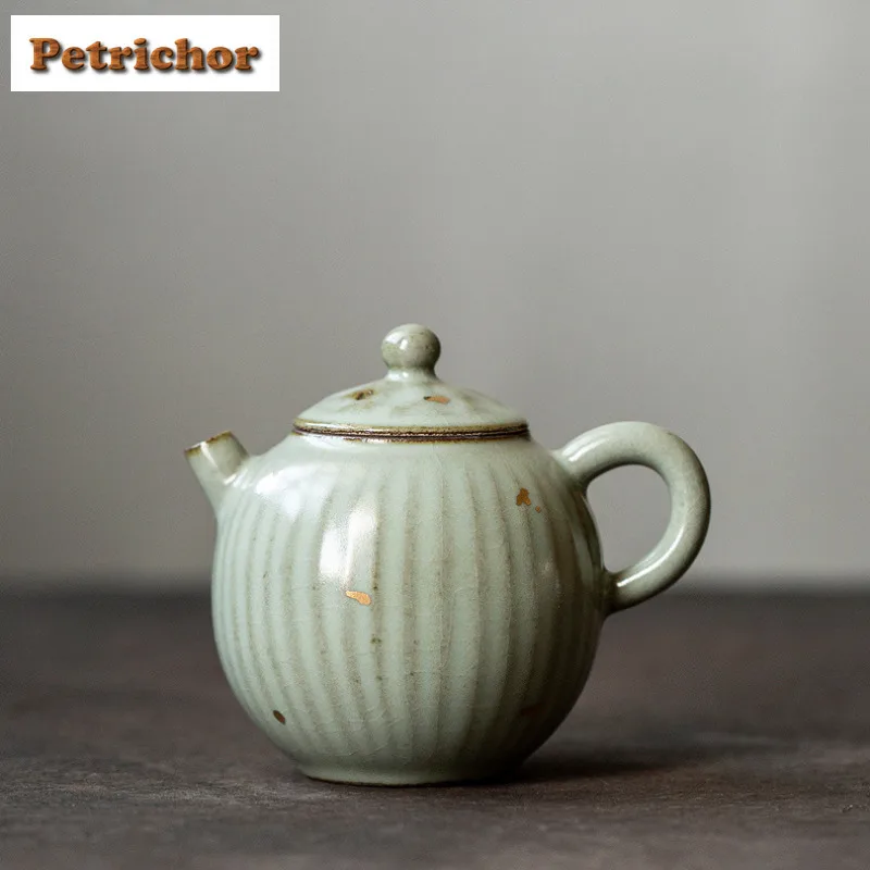 

140ml Gold Glazed Ru Kiln Striped Teapot Elegant Tea Infuser Pot Tea Maker Kettle With Ball Hole Cafes Gift Pot Bearing Supplies