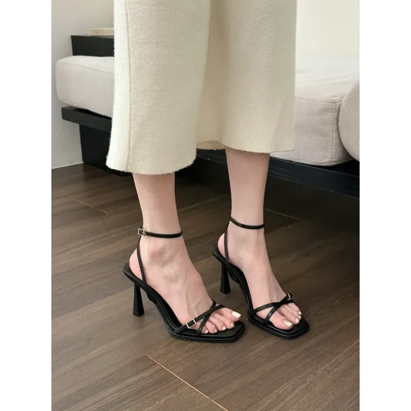 2024 Summer New SandalsPU Leather Beige Women's Shoes 6cm High Heels Black Sandals Women's Comfort New Fashion High Heel Sandals