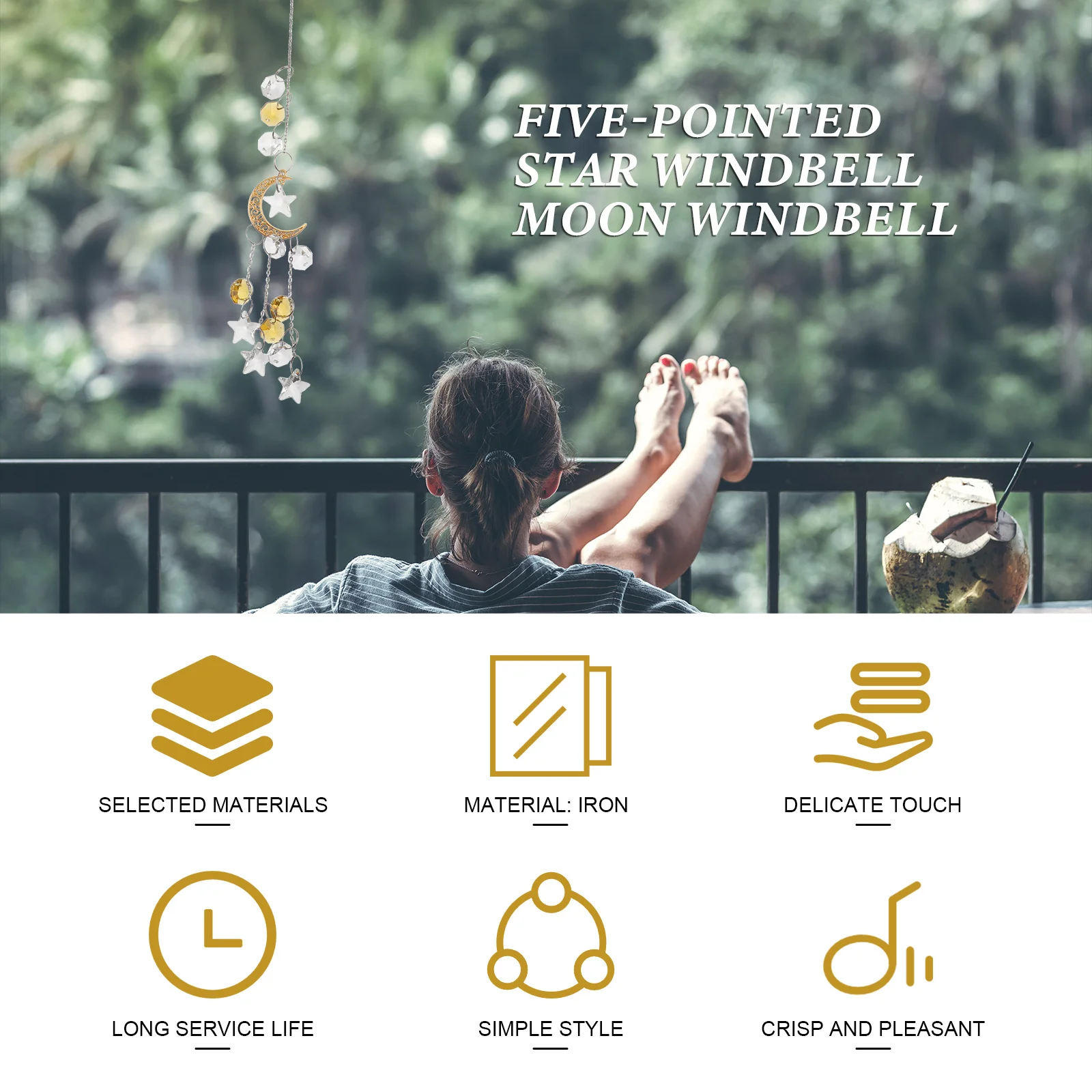 1Pcs Moon and Star Wind Chime Decorative Hanging Ornament Balcony Garden Home Relaxing Sound Outdoor Wind Bell Pendant