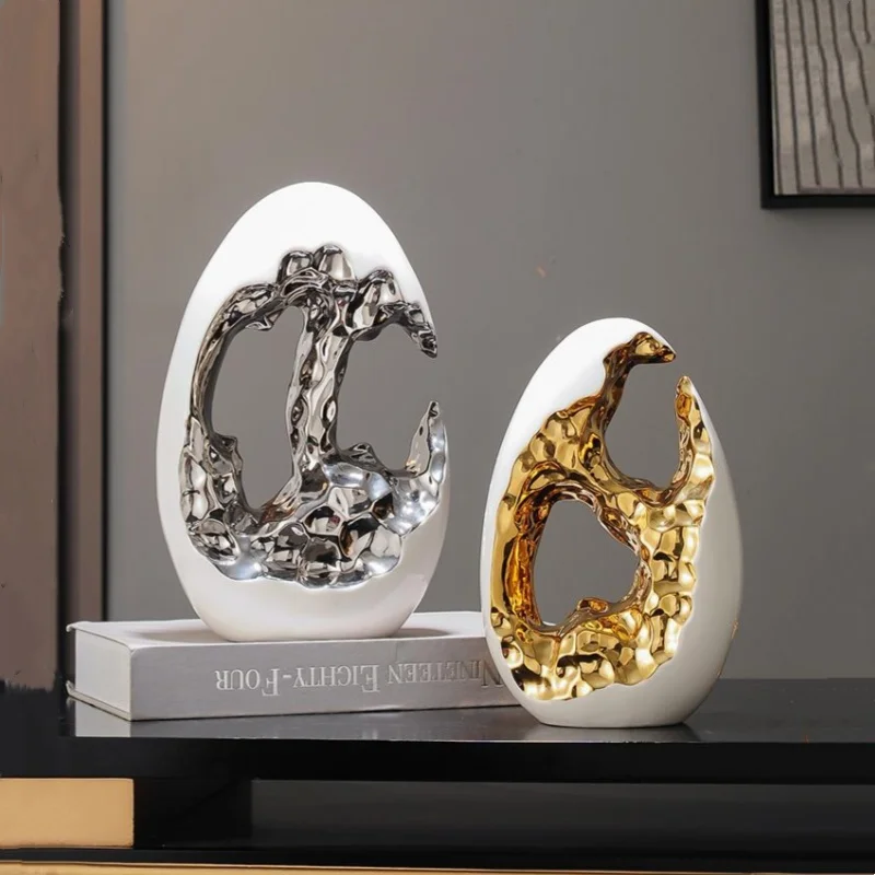 Ceramic Handicraft Abstract Golden Egg Hollow Eggshell Easter Sculpture Decorative Figurines Home Decoration Accessories