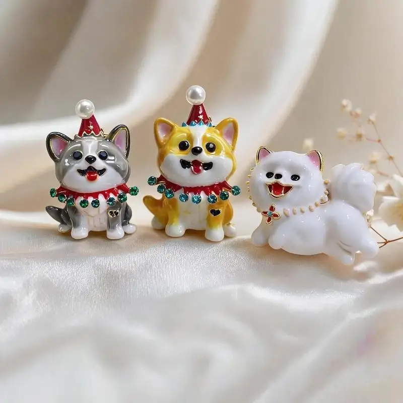 Cartoon Dog Rhinestone Pearl Brooch Creative Enamel Lapel Pin for Shirt Coat Bag Decor Fashion Accessory for Teen Girls