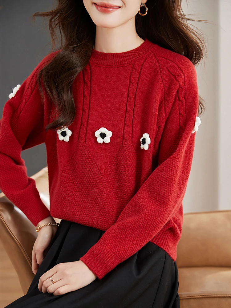 

Autumn Winter New Korean Style Loose Three-dimensional Sweater Round Neck Pullover Knit Tops Fashion Versatile