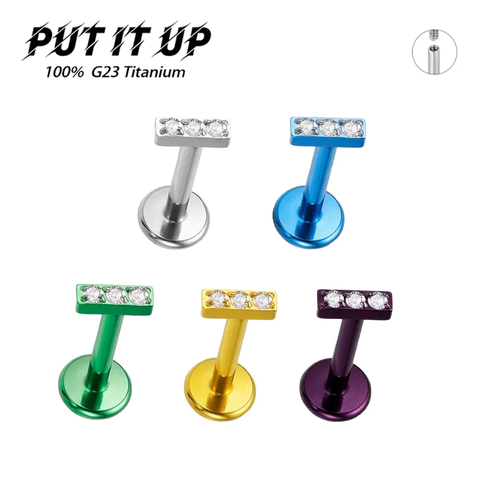 

PUTITUP Official G23 Titanium Triple Zirconia Flat Minimalist Earrings Anodised Lip Studs Ear Bone Studs Body Piercing Jewellery