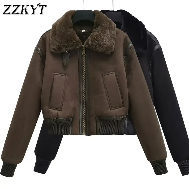 2023 Women\'s Winter Vintage Faux Leather Short Jacket Fashion Warm Lapel Collar Thick Parkas Female Outerwear Tops Clothing