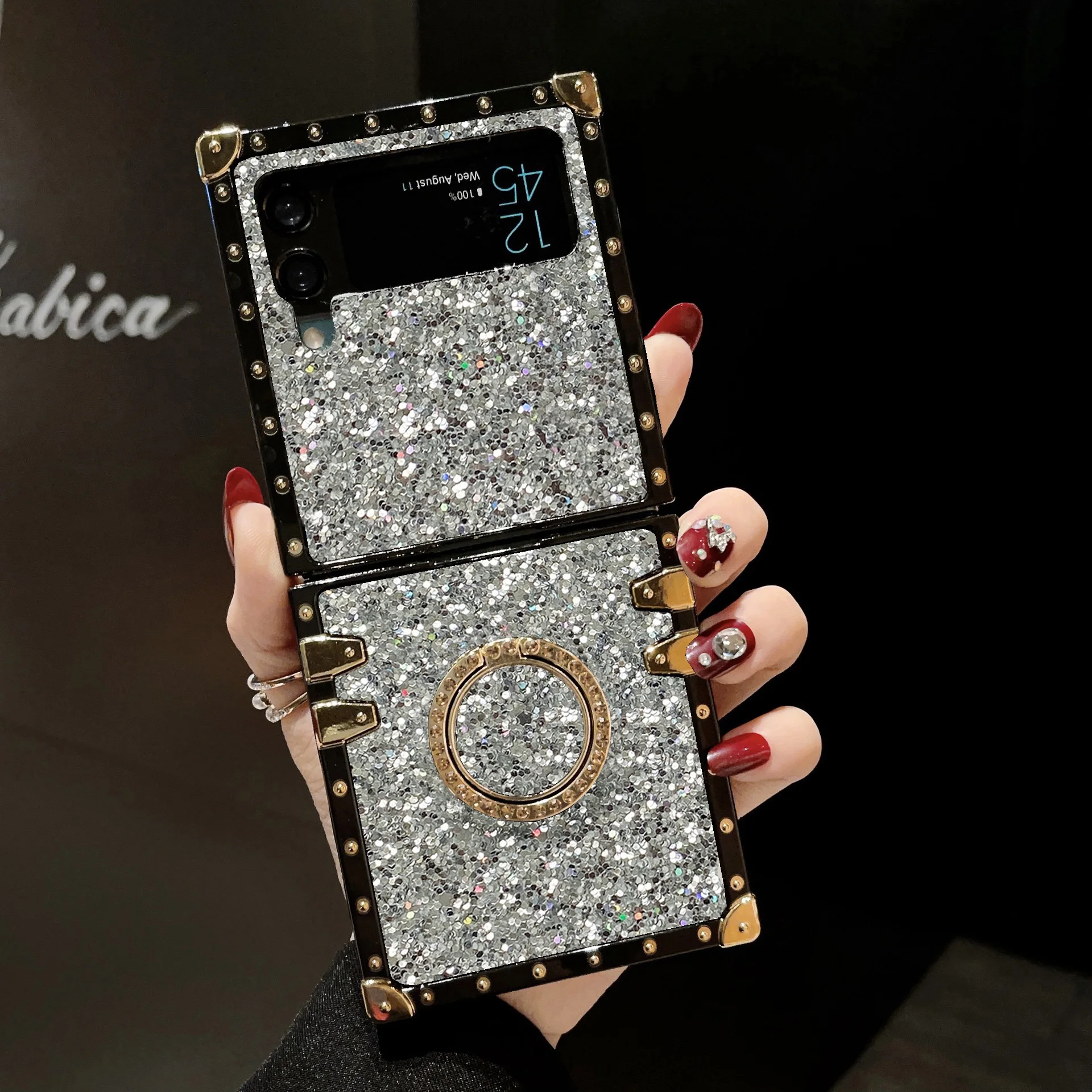 Luxuriöse künstliche Glitzer-Strass-Leder-Handyhülle für Samsung Galaxy Z Flip 8 7 6 5 4 3 Flip7 FE mit glänzendem Halter. – Detail 11