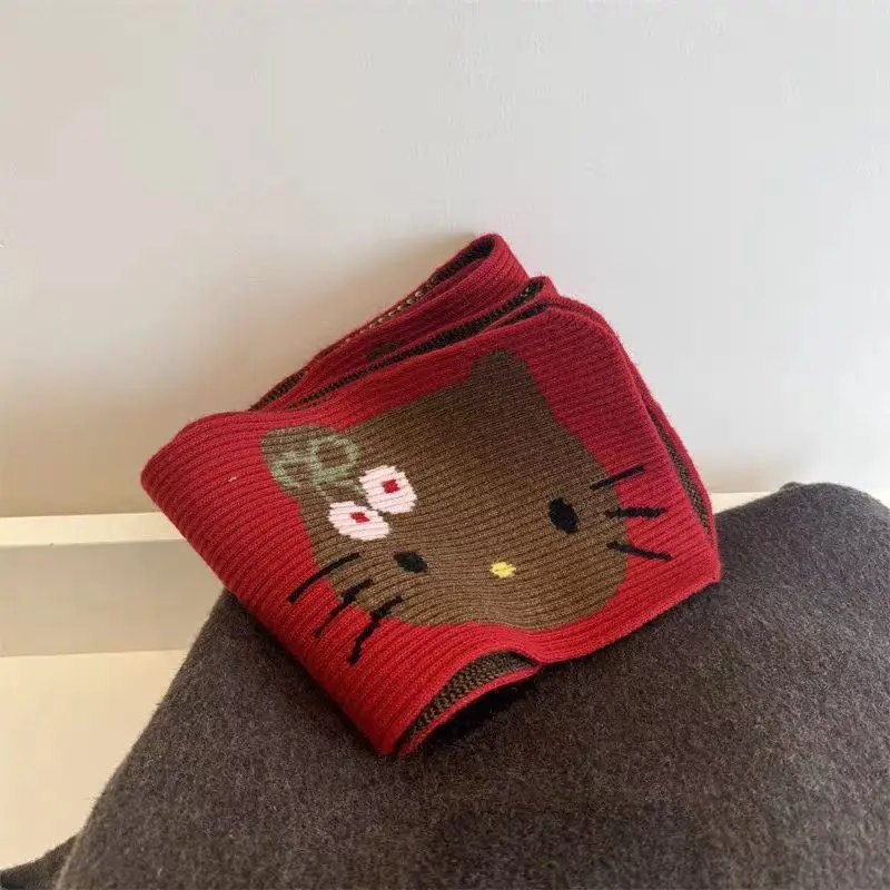 Hello Kitty Red Brown Keep Warm Autumn and Winter Cartoon Knit Pattern Scarf Decoration Collocation Cute Birthday Gift Couples ﻿