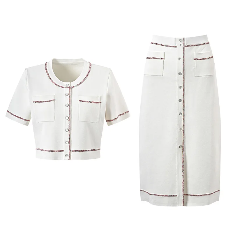 

White Skirt Set Sweet and Age-reducing Small Person Suit Contrasting Color Single-breasted Top + Skirt 2025 Summer New Style
