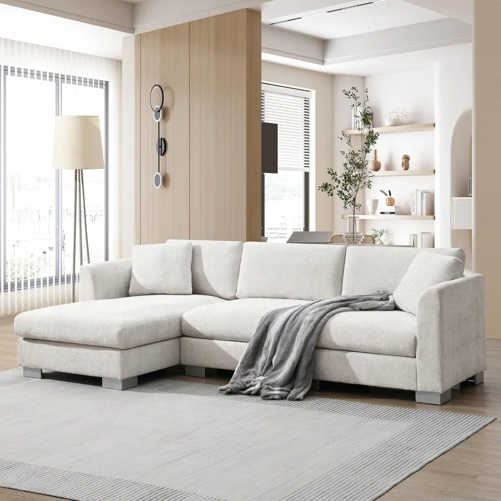 

L-Shaped 4-Seater Sofa Set with Deep Seats and Pillows, Silver Aluminum Legs