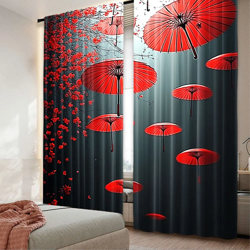 2Pcs Red Umbrella Curtains Red Flower Plant Curtains Aesthetic Art Funny Popular Curtains Suitable For Bedroom Living Room