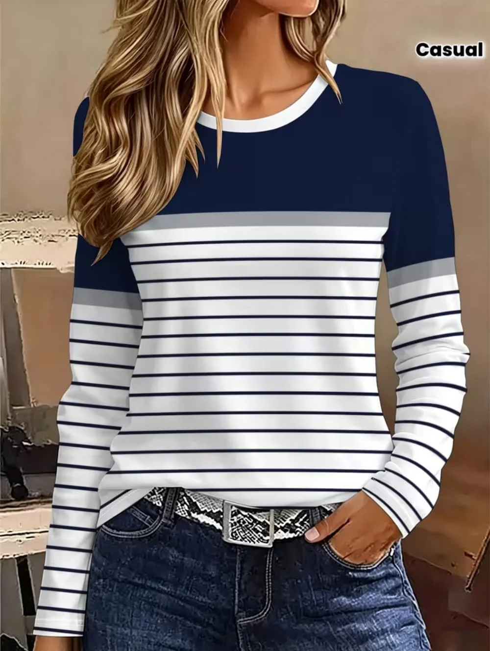 Women Clothes Stripe Color Block 3D Print Long Sleeve T-Shirt Round Neck Regular Top Casual Thin Pullover Tops Women's Clothing