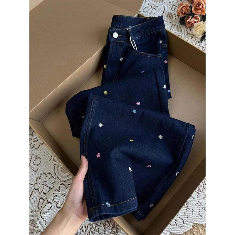 

Autumn Winter Fashion Flower Embroidered Jeans Women Simplicity Office Lady High Waist Wide Leg Trend All-match Casual Straight