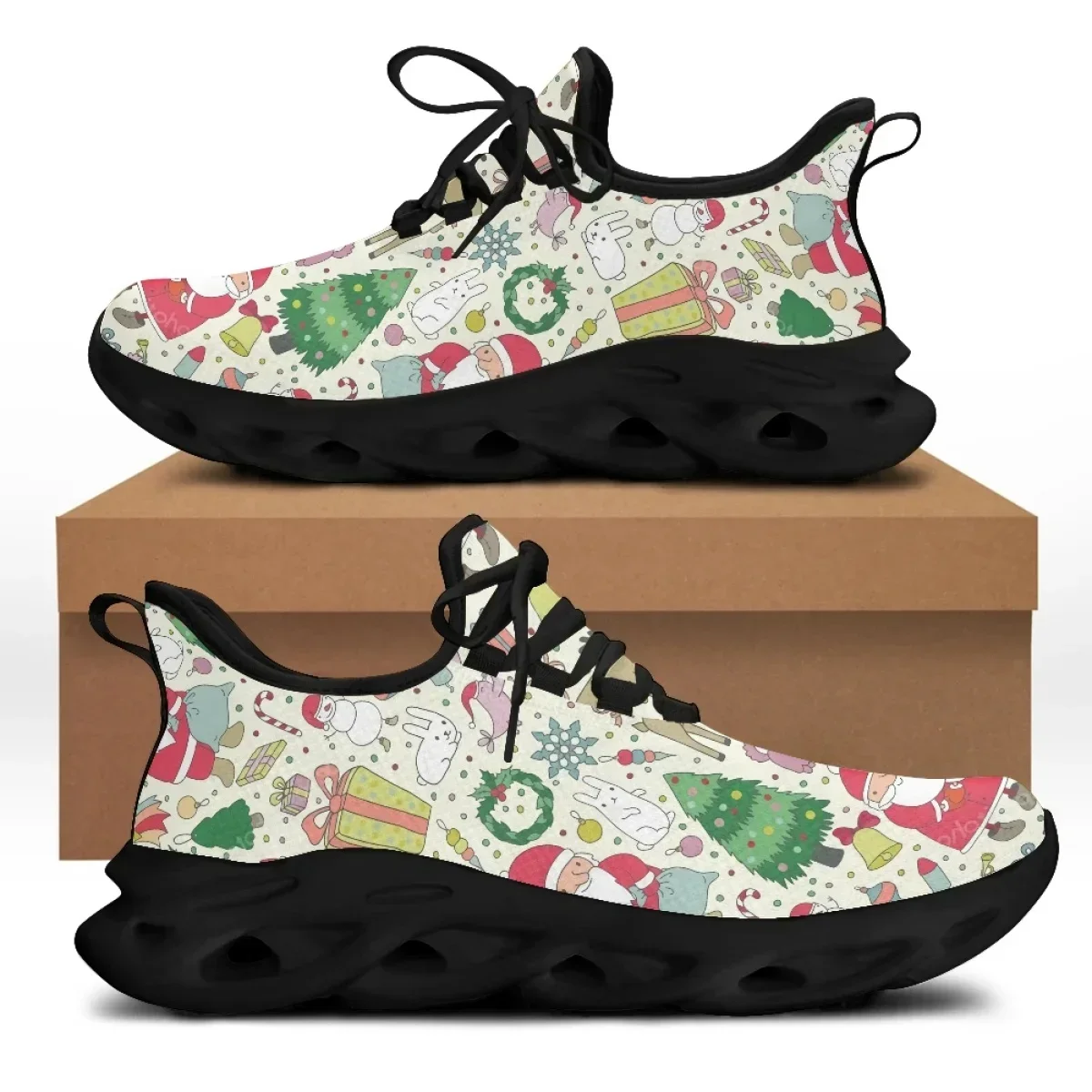 Sapatilhas de malha inferior grossa para senhoras, design do boneco de neve do Natal, sapatos esportivos casuais leves, apartamentos femininos, primavera, verão