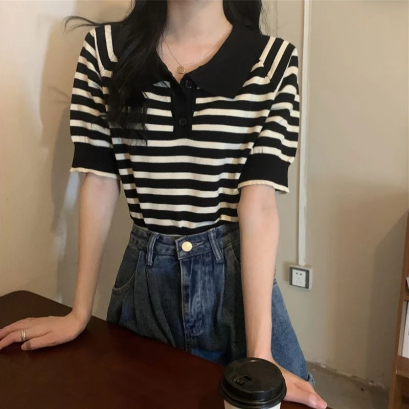 Women's Black Short Sleeve Collar Striped Thin Knit Top Casual Summer Short Length With Unique Niche Design