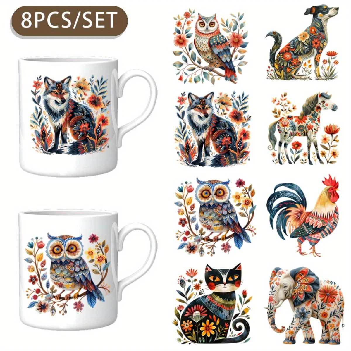 8PCS/SET Folk Art Flowers Animals DIY Light Beigeny Tumblers Wrap Decorative Transfer Paper UV DTF adhensive Wraps Transfers