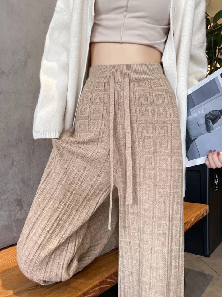 Autumn Winter Jacquard Knit Wide Leg Women Pants High Waist Drawstring Straight Trousers Loose Slimming Casual Versatile Pants