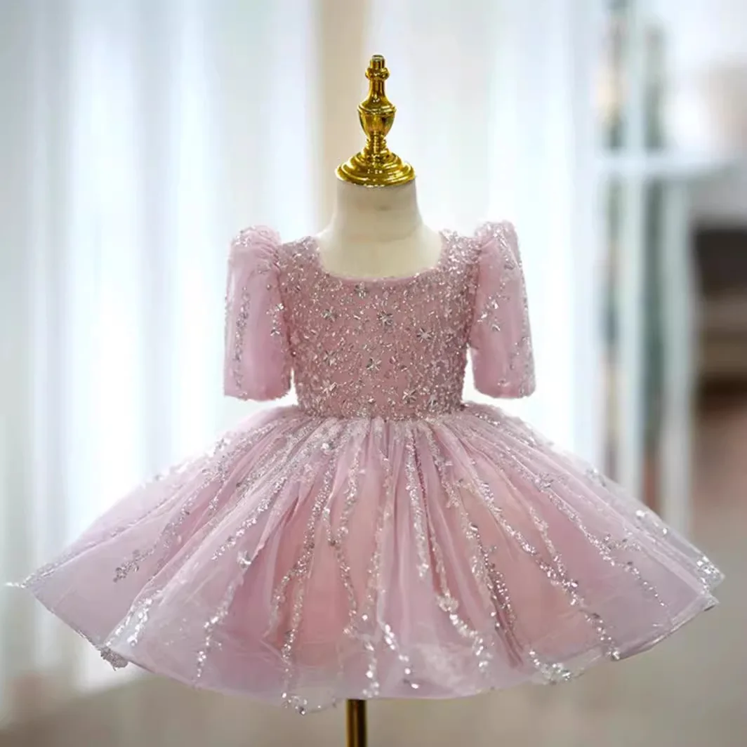 Light Luxury Flower Girl Wedding Princess Ball Gown Children Cute Pink Birthday Party Walk Show Performances Dress y1264