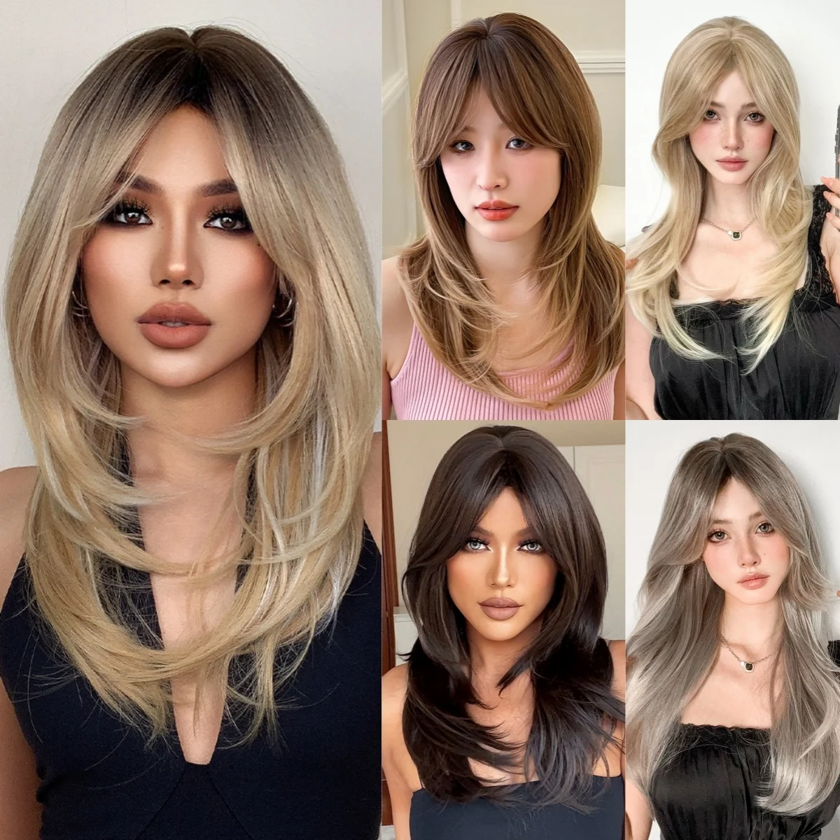 Brown Blonde Synthetic Wig With Bangs Long Straight Wig Daily Cosplay Party Women\'s High Temperature Resistant Natural Wig