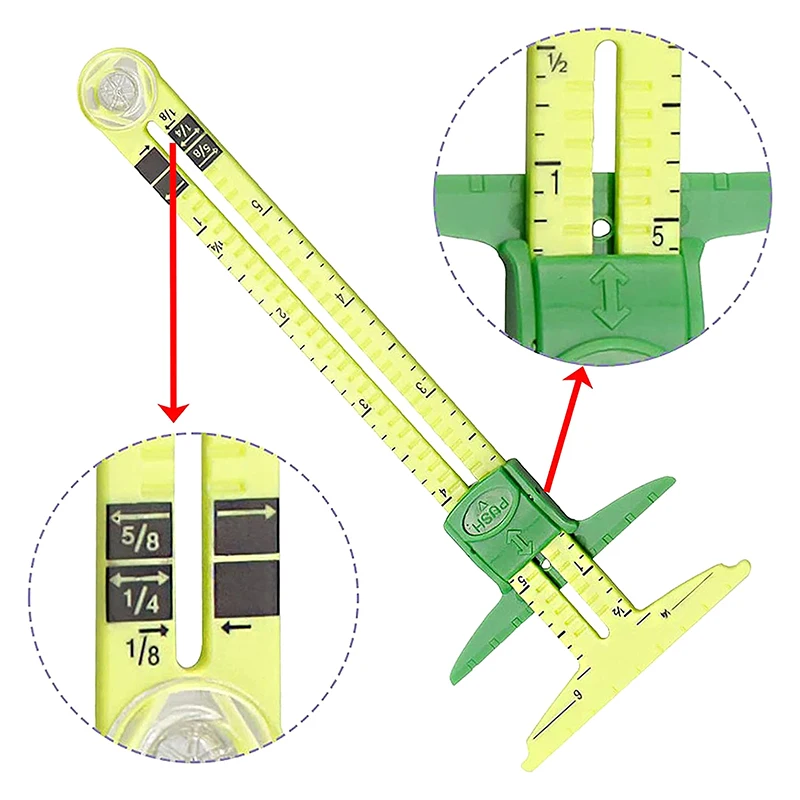 5-IN-1 Sewing Seam Ruler Measuring Gauge Patchwork Quilting Tailor Ruler Sizer Helper Aluminum Plastic Sliding Gauge